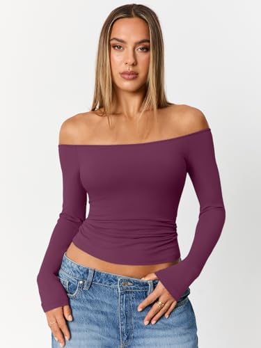 Trendy Queen Womens Long Sleeve Off The Shoulder Tops Going Out Cute Basic Y2K Fall Fashion 2025 Outfits Clothes
