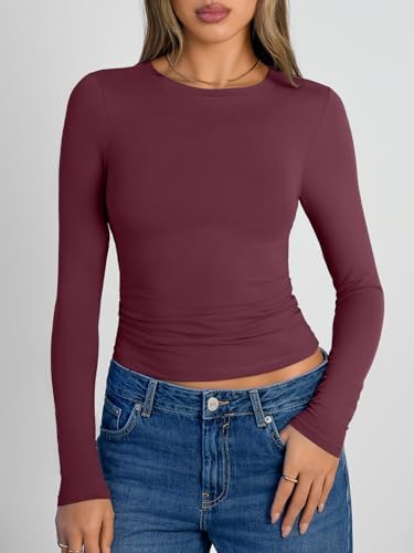 Trendy Queen Womens Long Sleeve Shirts Crop Tops Fall Fashion 2025 Going Out Basic Winter Clothes