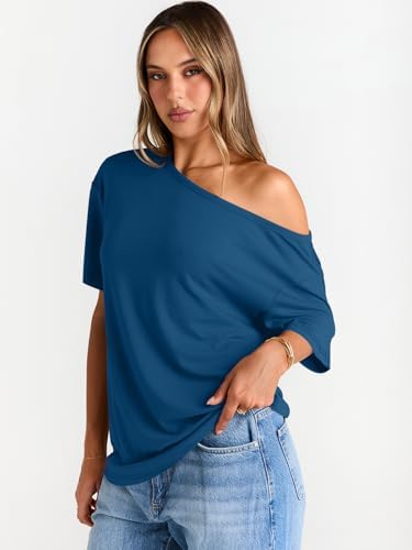 Trendy Queen Womens Off The Shoulder Tops Oversized T-Shirts Short Sleeve Tees Summer 2025 Casual Spring Fashion Clothes
