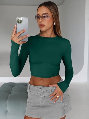 Trendy Queen Womens Long Sleeve Crop Tops Basic Slim Fitted Shirts Fashion 2025 Going Out Y2k Tops Teen Girl Clothes