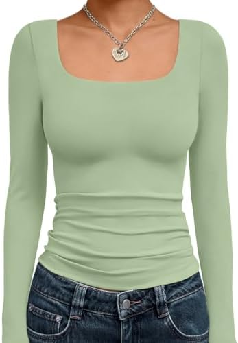 Trendy Queen Womens Long Sleeve Shirts Crop Tops Fall Fashion 2025 Square Neck Going Out Basics Tees Y2k Clothes