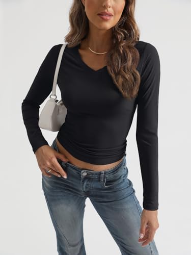 Trendy Queen Long Sleeve Shirts for Women 2025 Fall Fashion V Neck Basics Crop Tops Slim Fitted Y2K Tops Outfits Clothes