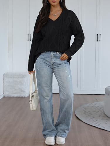 Trendy Queen Oversized Cable Knit Sweaters for Women 2025 Cozy Pullover Knit Fall Outfits V Neck Cute Winter Clothing