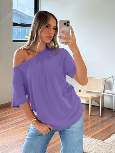 Trendy Queen Womens Off The Shoulder Tops Oversized T-Shirts Short Sleeve Tees Summer 2025 Casual Spring Fashion Clothes