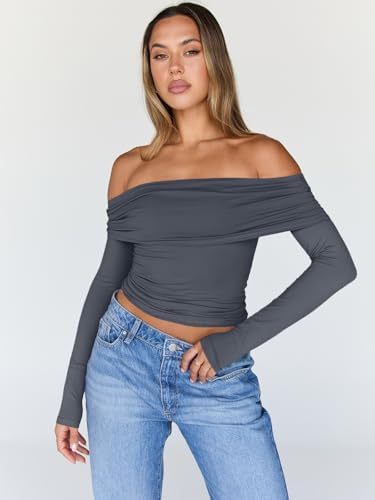 Trendy Queen Women Long Sleeve Shirts Off Shoulder Tops Going Out Crop Sexy Slim Fitted Y2K Fall Outfits 2025 Fashion Clothes