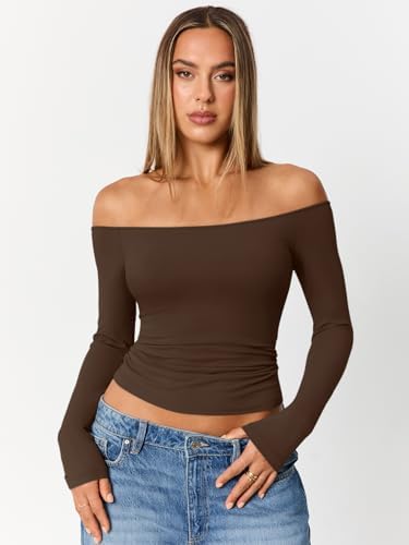 Trendy Queen Womens Long Sleeve Off The Shoulder Tops Going Out Cute Basic Y2K Fall Fashion 2025 Outfits Clothes