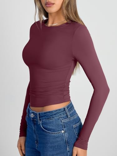 Trendy Queen Womens Long Sleeve Shirts Crop Tops Fall Fashion 2025 Going Out Basic Winter Clothes