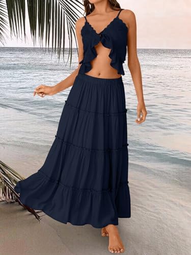 Trendy Queen Long Skirts for Women Boho Maxi Skirt Summer Swing Tiered A-Line Elastic High Waist Dress with Pockets Fashion