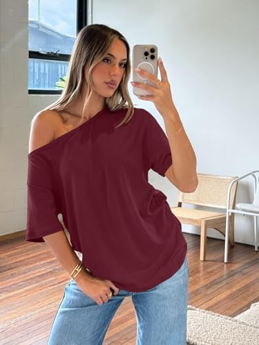 Trendy Queen Womens Off The Shoulder Tops Oversized T-Shirts Short Sleeve Tees Summer 2025 Casual Spring Fashion Clothes