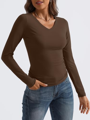 Trendy Queen Long Sleeve Shirts for Women 2025 Fall Fashion V Neck Basics Crop Tops Slim Fitted Y2K Tops Outfits Clothes