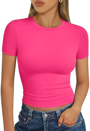 Trendy Queen Womens Short Sleeve T Shirts Summer Crop Tops Basic Slim Fit Gym Workout Y2k Clothes