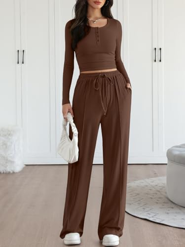 Trendy Queen 2 Piece Matching Lounge Sets for Women Fall Fashion 2025 Two Piece Outfits Henley Crop Tops Wide Leg Pants