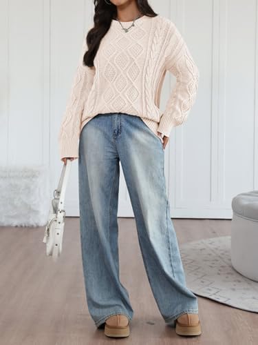 Trendy Queen Women's Oversized Cable Knit Crewneck Sweaters Cozy Winter Clothes