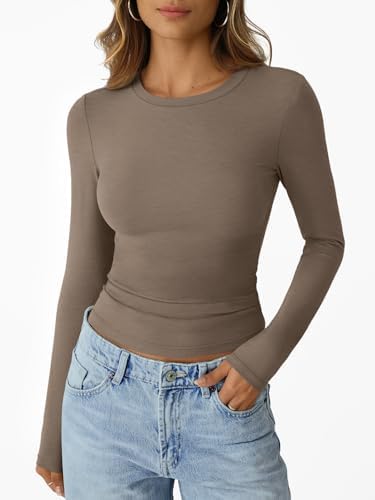 Trendy Queen Womens Long Sleeve T-Shirts Basic Crop Tops 2025 Fall Fashion Outfits Going Out Winter Clothes