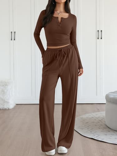 Trendy Queen 2 Piece Matching Lounge Sets for Women Fall Fashion 2025 Two Piece Outfits Henley Crop Tops Wide Leg Pants