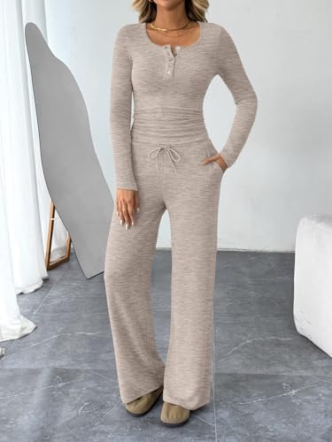 Trendy Queen Women's 2 Piece Matching Lounge Sets Fall Fashion Outfits Henley Neck Sweater Top Wide Leg Pants Sweat Suits