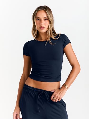 Trendy Queen 2 Piece Matching Summer Sweatsuit Lounge Set Womens Wide Leg Pants Side Ruching Crop Top Sets