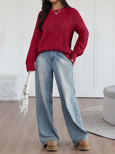 Trendy Queen Women's Oversized Cable Knit Crewneck Sweaters Cozy Winter Clothes