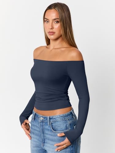 Trendy Queen Womens Long Sleeve Off The Shoulder Tops Going Out Cute Basic Y2K Fall Fashion 2025 Outfits Clothes