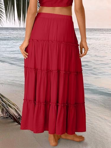 Trendy Queen Long Skirts for Women Boho Maxi Skirt Summer Swing Tiered A-Line Elastic High Waist Dress with Pockets Fashion