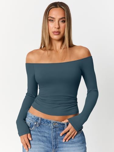 Trendy Queen Womens Long Sleeve Off The Shoulder Tops Going Out Cute Basic Y2K Fall Fashion 2025 Outfits Clothes