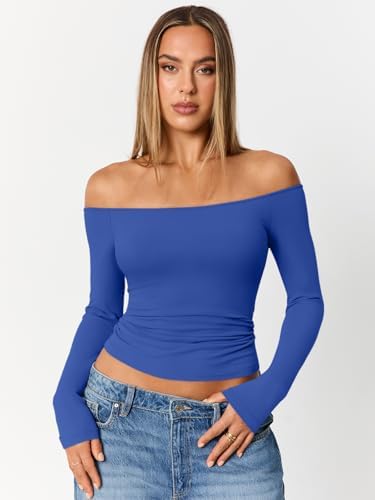 Trendy Queen Womens Long Sleeve Off The Shoulder Tops Going Out Cute Basic Y2K Fall Fashion 2025 Outfits Clothes