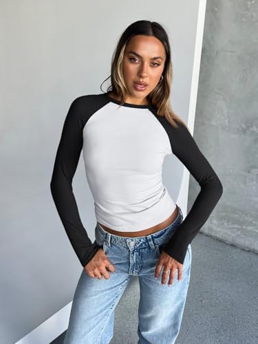 Trendy Queen Women's Long Sleeve Shirts Slim Fit Stretchy Color Block Slightly Cropped Tops