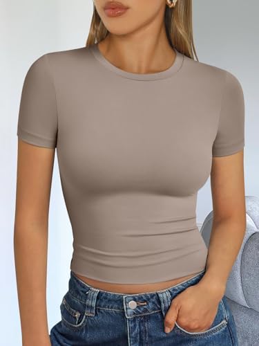 Trendy Queen Womens Short Sleeve T Shirts Summer Crop Tops Basic Slim Fit Gym Workout Y2k Clothes