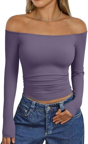 Trendy Queen Womens Long Sleeve Off The Shoulder Tops Going Out Cute Basic Y2K Fall Fashion 2025 Outfits Clothes