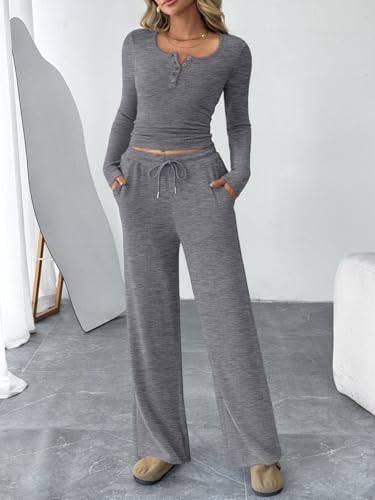Trendy Queen Women's 2 Piece Matching Lounge Sets Fall Fashion Outfits Henley Neck Sweater Top Wide Leg Pants Sweat Suits