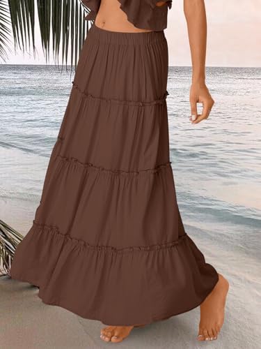 Trendy Queen Long Skirts for Women Boho Maxi Skirt Summer Swing Tiered A-Line Elastic High Waist Dress with Pockets Fashion