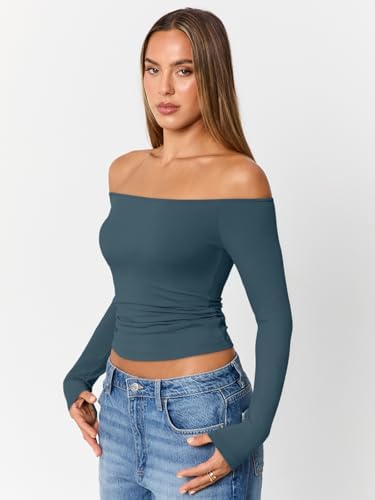 Trendy Queen Womens Long Sleeve Off The Shoulder Tops Going Out Cute Basic Y2K Fall Fashion 2025 Outfits Clothes