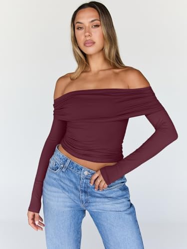 Trendy Queen Women Long Sleeve Shirts Off Shoulder Tops Going Out Crop Sexy Slim Fitted Y2K Fall Outfits 2025 Fashion Clothes
