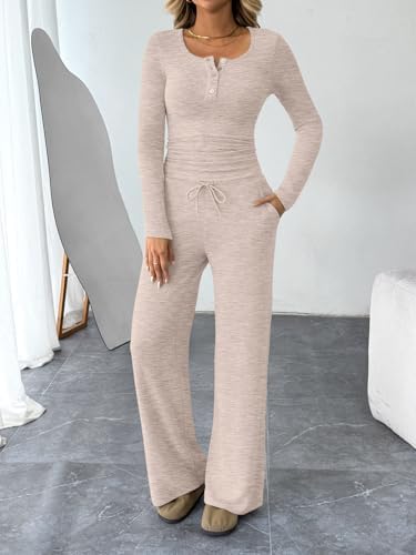 Trendy Queen Women's 2 Piece Matching Lounge Sets Fall Fashion Outfits Henley Neck Sweater Top Wide Leg Pants Sweat Suits