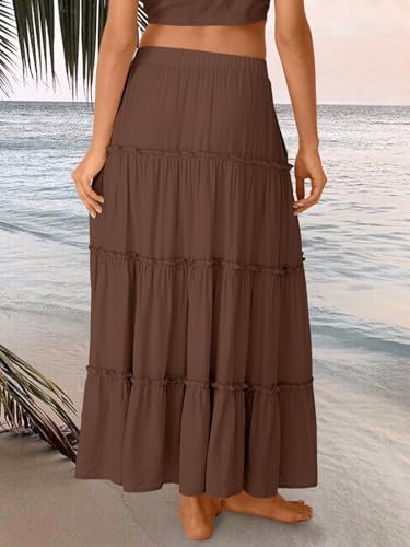 Trendy Queen Long Skirts for Women Boho Maxi Skirt Summer Swing Tiered A-Line Elastic High Waist Dress with Pockets Fashion