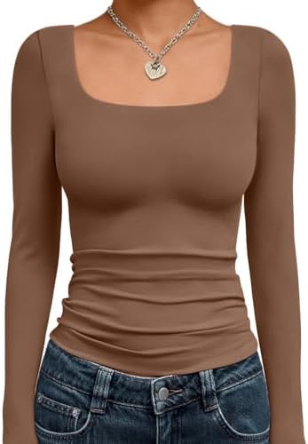 Trendy Queen Womens Long Sleeve Shirts Crop Tops Fall Fashion 2025 Square Neck Going Out Basics Tees Y2k Clothes