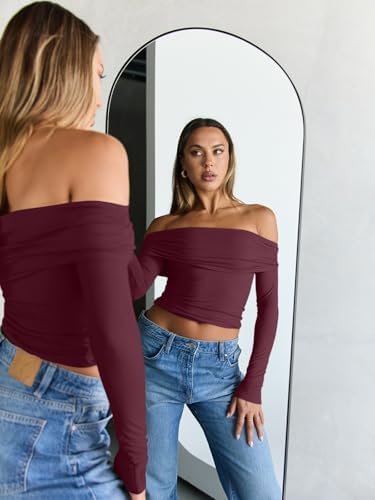 Trendy Queen Women Long Sleeve Shirts Off Shoulder Tops Going Out Crop Sexy Slim Fitted Y2K Fall Outfits 2025 Fashion Clothes