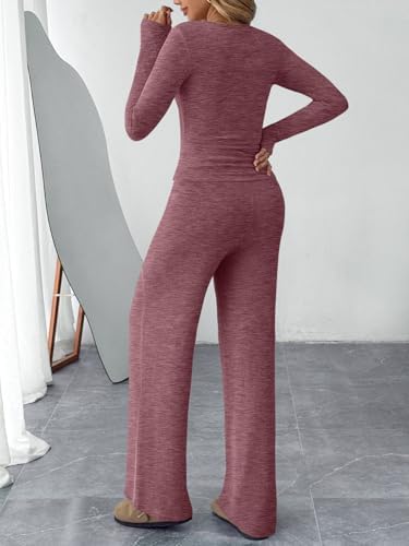 Trendy Queen Women's 2 Piece Matching Lounge Sets Fall Fashion Outfits Henley Neck Sweater Top Wide Leg Pants Sweat Suits