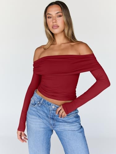 Trendy Queen Women Long Sleeve Shirts Off Shoulder Tops Going Out Crop Sexy Slim Fitted Y2K Fall Outfits 2025 Fashion Clothes