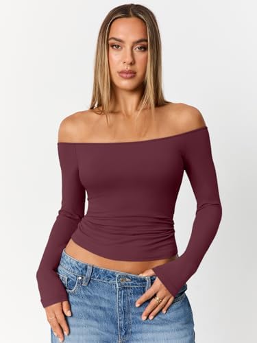 Trendy Queen Womens Long Sleeve Off The Shoulder Tops Going Out Cute Basic Y2K Fall Fashion 2025 Outfits Clothes