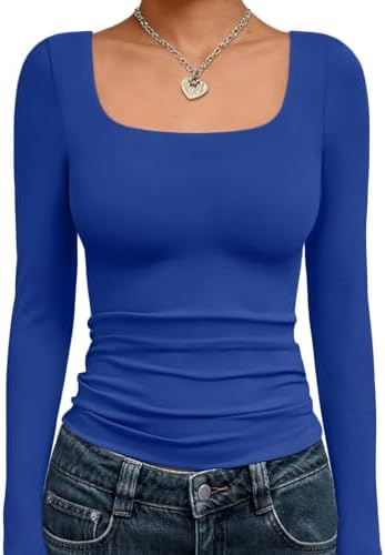 Trendy Queen Womens Long Sleeve Shirts Crop Tops Fall Fashion 2025 Square Neck Going Out Basics Tees Y2k Clothes