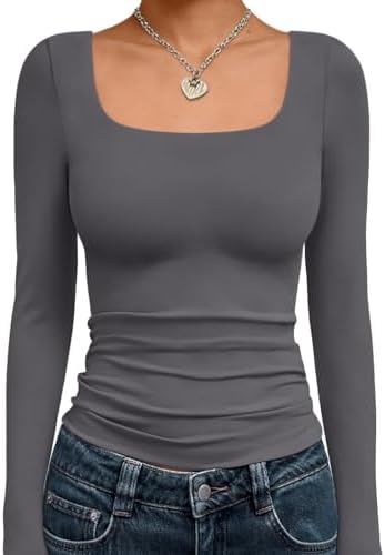 Trendy Queen Womens Long Sleeve Shirts Crop Tops Fall Fashion 2025 Square Neck Going Out Basics Tees Y2k Clothes