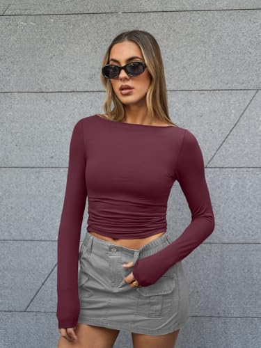 Trendy Queen Women's Boat Neck Tops Long Sleeve Shirts Casual Fitted Tee Shirts Solid Color Fall Basic Clothes 2025