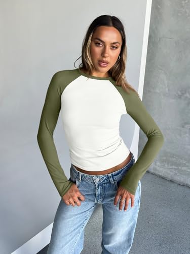 Trendy Queen Women's Long Sleeve Shirts Slim Fit Stretchy Color Block Slightly Cropped Tops