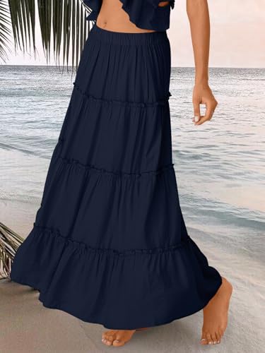 Trendy Queen Long Skirts for Women Boho Maxi Skirt Summer Swing Tiered A-Line Elastic High Waist Dress with Pockets Fashion