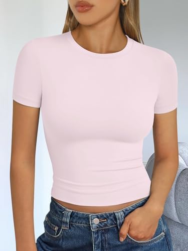 Trendy Queen Womens Short Sleeve T Shirts Summer Crop Tops Basic Slim Fit Gym Workout Y2k Clothes