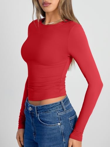 Trendy Queen Womens Long Sleeve Shirts Crop Tops Fall Fashion 2025 Going Out Basic Winter Clothes