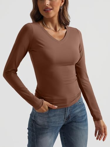 Trendy Queen Long Sleeve Shirts for Women 2025 Fall Fashion V Neck Basics Crop Tops Slim Fitted Y2K Tops Outfits Clothes