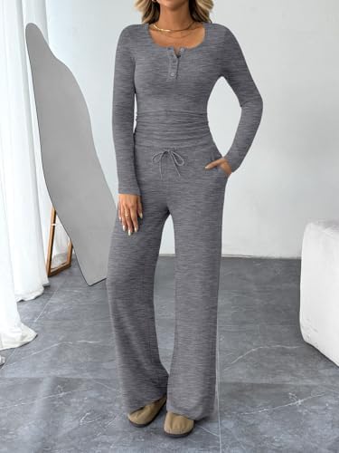 Trendy Queen Women's 2 Piece Matching Lounge Sets Fall Fashion Outfits Henley Neck Sweater Top Wide Leg Pants Sweat Suits