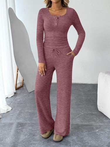 Trendy Queen Women's 2 Piece Matching Lounge Sets Fall Fashion Outfits Henley Neck Sweater Top Wide Leg Pants Sweat Suits